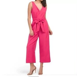 NWT Sam Edelman Hot Pink V-Neck Wide Leg Tie Waist Crop Jumpsuit Women's 14 Chic